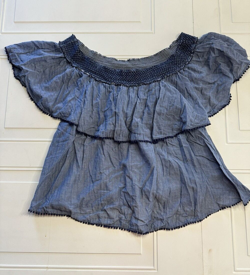 Lane Bryant Womens Sz 18/20 Blue Chambray Denim Off Shoulder Ruffle Top Blouse